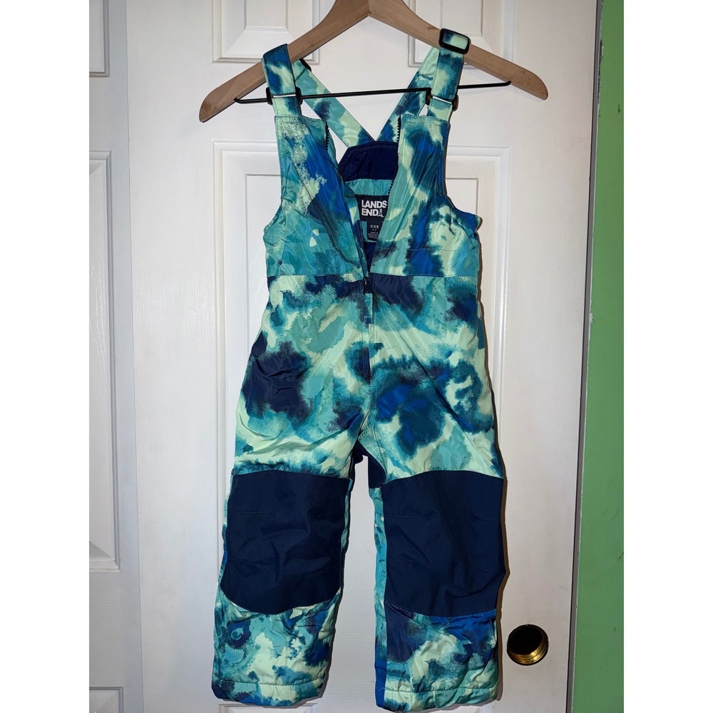 Lands End Snow Bibs Kids XXS 2-3 Teal Blue Excellent Watercolor Ski Overalls